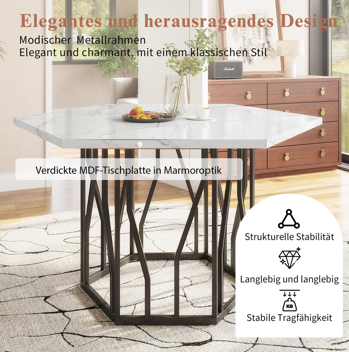 ESSTISCH, MDF in Marmoroptik mit Metallgestell, 115,5/100/75 cm, Schwarz/Weiß - Schwarz, Holzwerkstoff (115.5/100/75cm) - Redom
