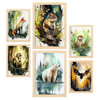 POSTER Set Mit 6 Lebensräume Illustrationen Von Tieren In Naturlandschaften, Realistischer Aquarellstil A3 & A4 Rahmen Aus Hellem Holz - Beige, Papier (29/3cm) - Nacnic