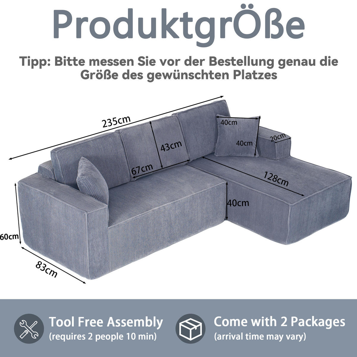 ECKSOFA 235/128/60 cm grau aus Cordstoff modular mit Chaiselongue - Grau, Textil (128/235cm) - OKWISH