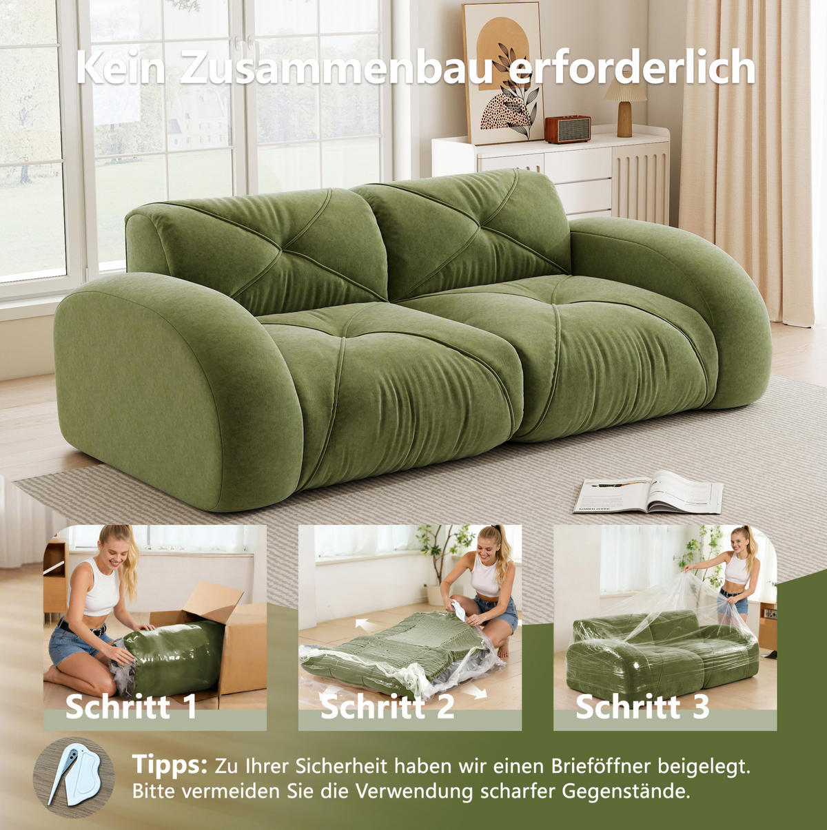 2-SITZER-MODULSOFA rahmenlos mit 32D-Schaumstoff, petfreundlichem Chenille-Bezug und rutschfestem Design, Grün - Grün, Textil (204/76/95cm) - Redom