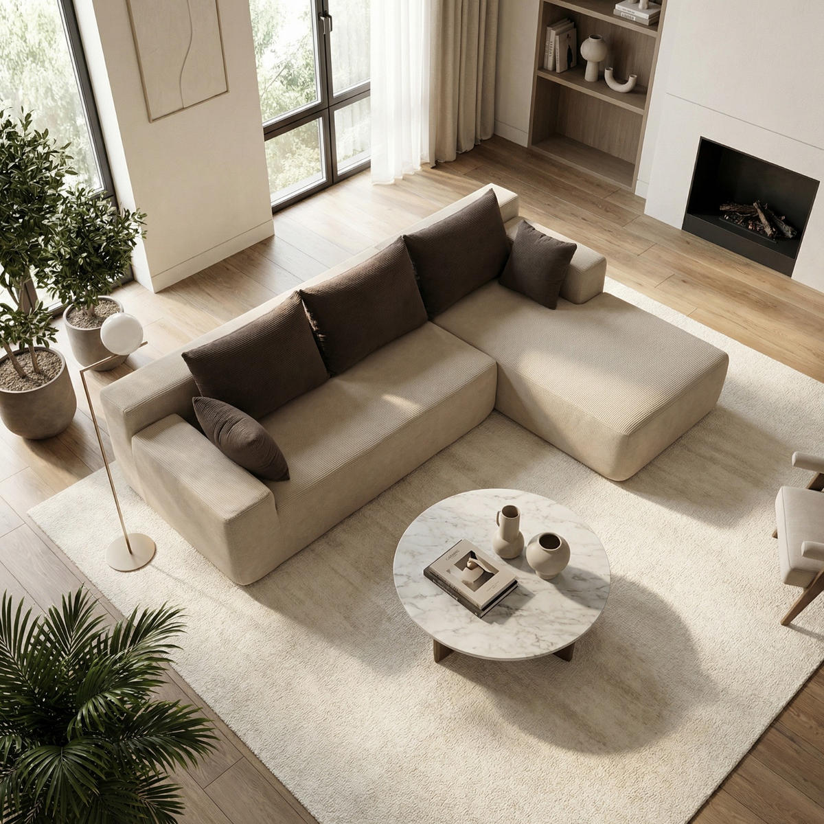 ECKSOFA Luna Sand Braun 3-Sitzer Rechts - Braun, Textil (267/175cm) - COCO Living