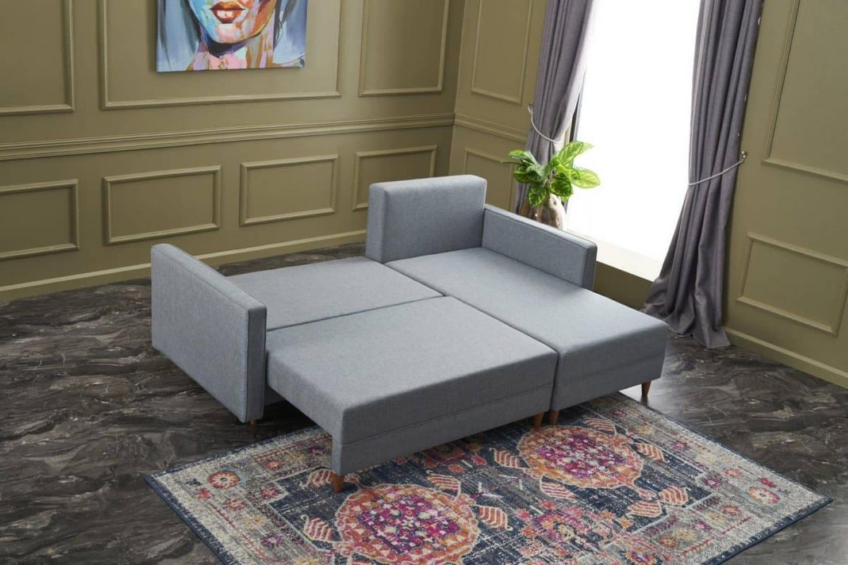 ECKSOFA mit Schlaffunktion, 215 cm Gesamtbreite - Blau/Braun, Holz/Buchenholz (150/215cm) - myHomelando