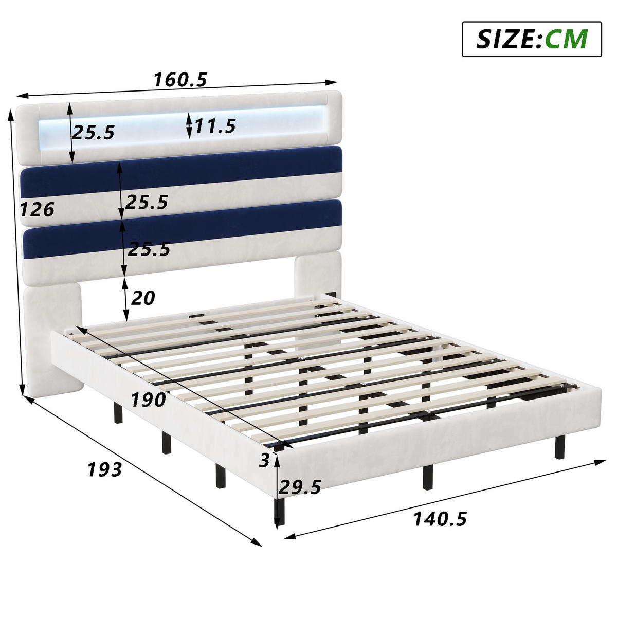 POLSTERBETT 140x190 cm, Weiß/Blau, LED-Beleuchtung und USB - Blau, Textil/Metall (140/190cm)