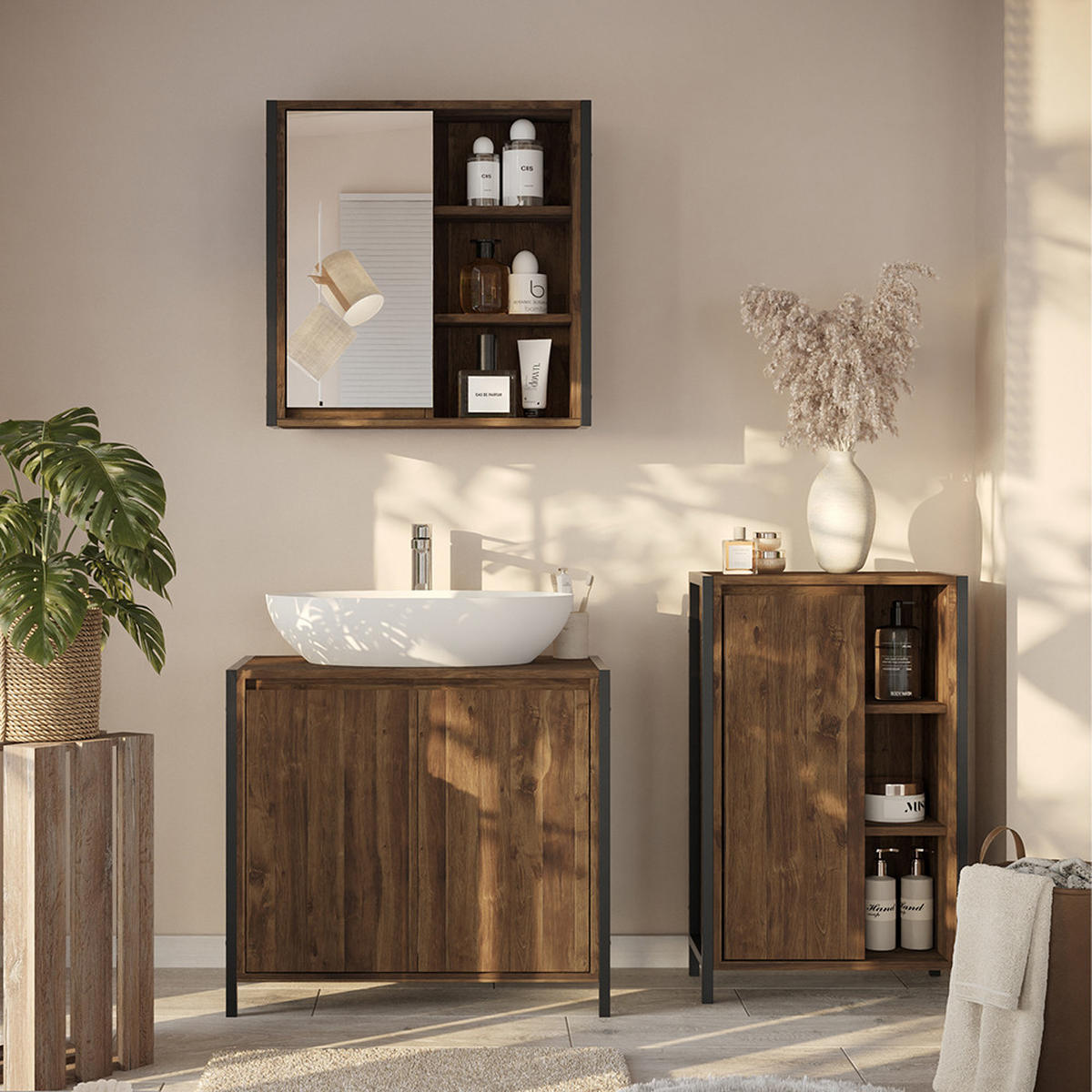 BADMÖBEL-SET Naola Eiche/Schwarz 3 Teile - Eichefarben/Schwarz, Holzwerkstoff (70/65/40cm) - Vicco