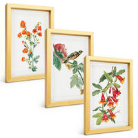 BILDER SET 3er Set - 20x30 cm Goldrahmen - Gemalte Blumen und ein Vogel - Goldfarben, Kunststoff (20/30cm) - TULUP