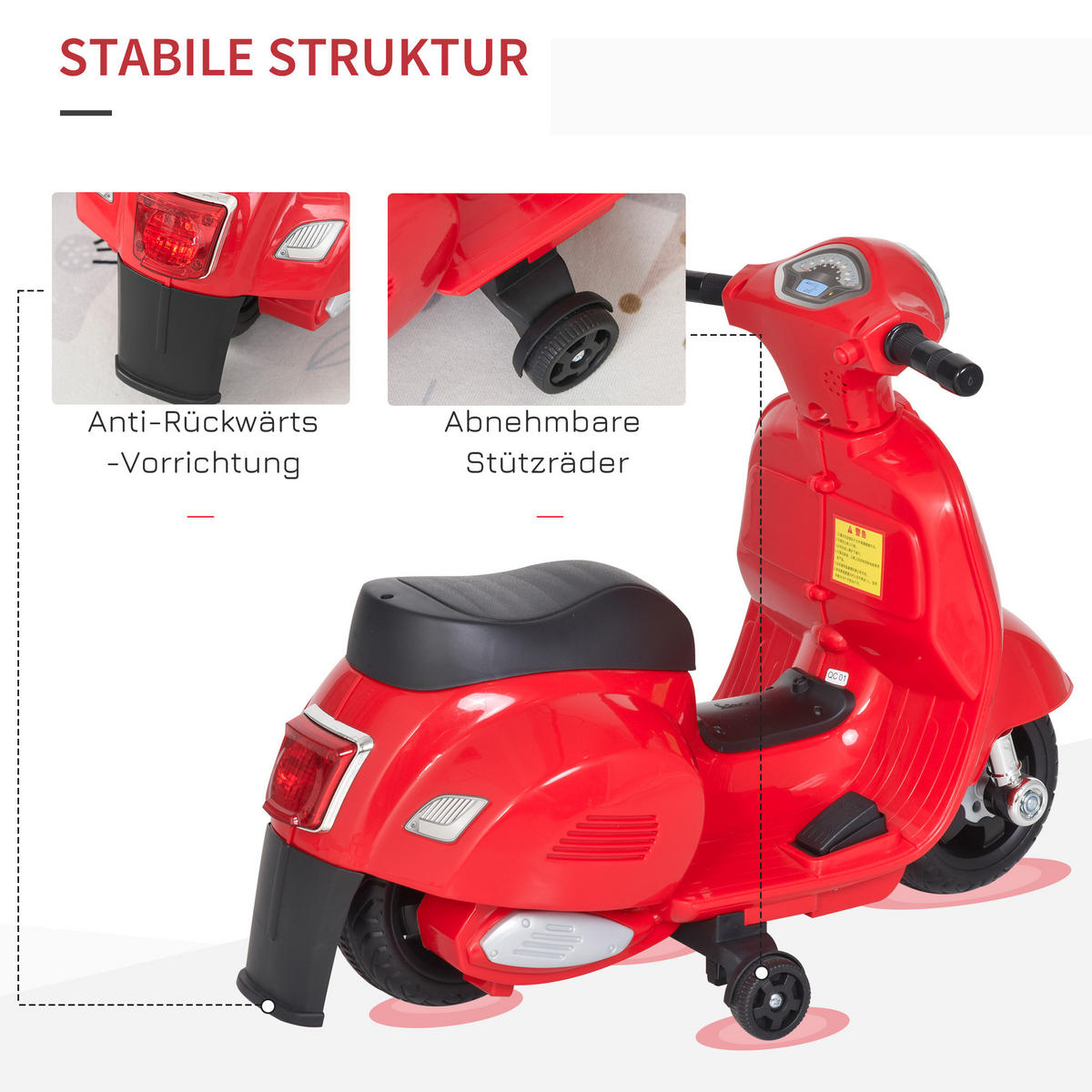 ELEKTRO KINDERMOTORRAD, Grün/ Rot/Weiß, Kunststoff-+ Metall - Rot, Metall (66.5/38/52cm) - HOMCOM