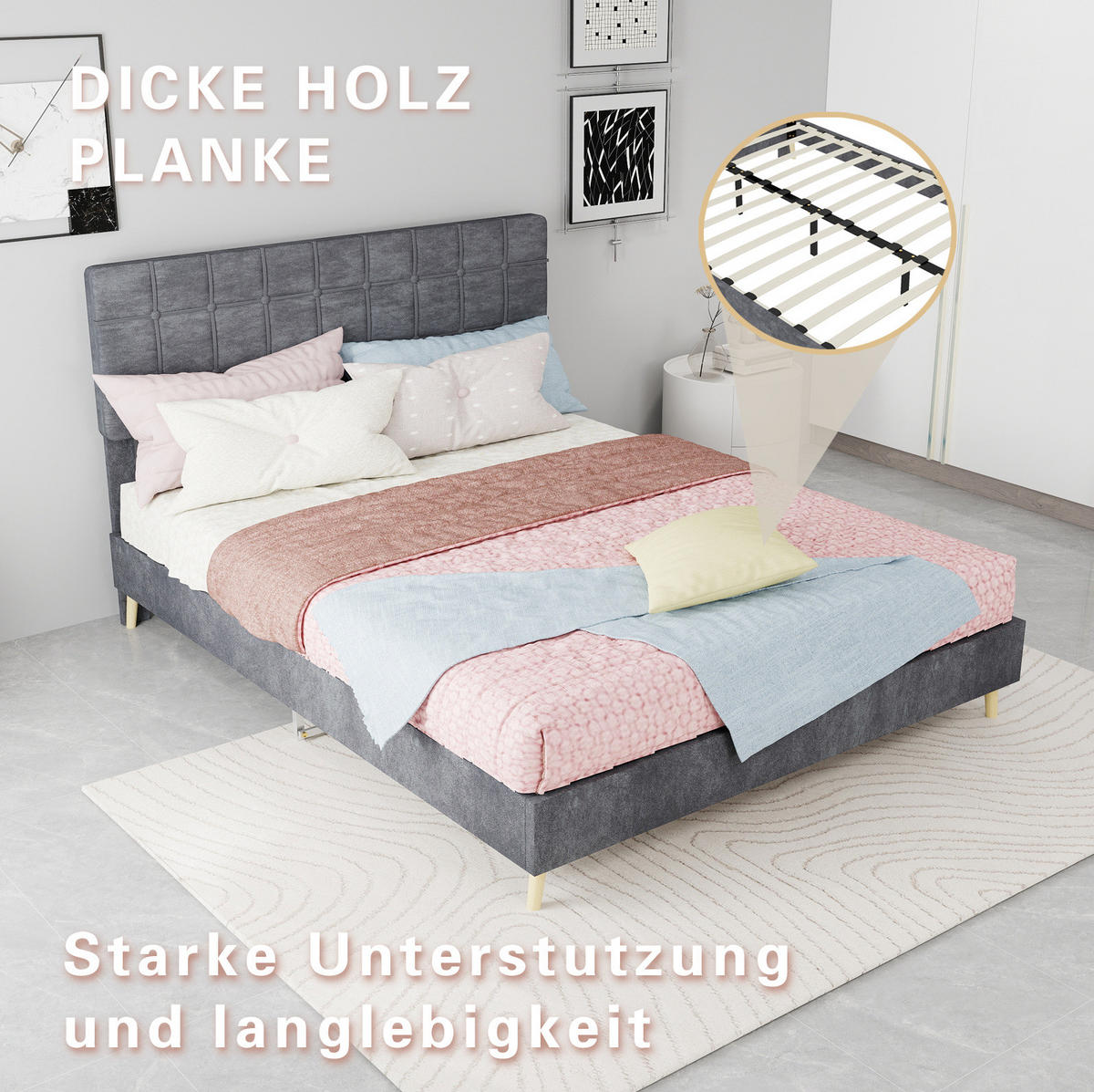 POLSTERBETT 140/200 cm mit karierter Polsterkopfteil und Holzfüßen, Grau - Grau, Textil (140/200cm) - Redom
