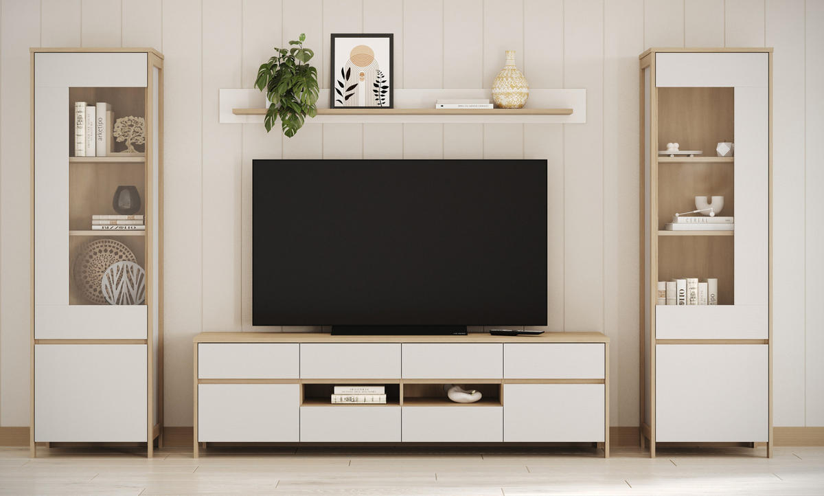 WOHNWAND weiß, Eiche 4-teilig 339 cm, Wohnkombination skandinavisch mit Soft-Close, Finnes - Eichefarben/Weiß, Glas/Holzwerkstoff (339/195/39cm) - Furn.Design