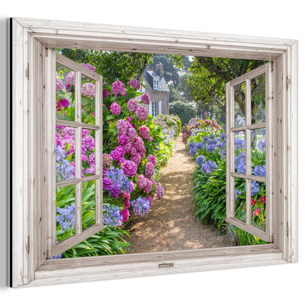 METALLBILD Hortensie - Fensterblick - Blumen - Sommer - Lila - Weg 120x80 cm - Lila, Metall (120/80cm) - MuchoWow
