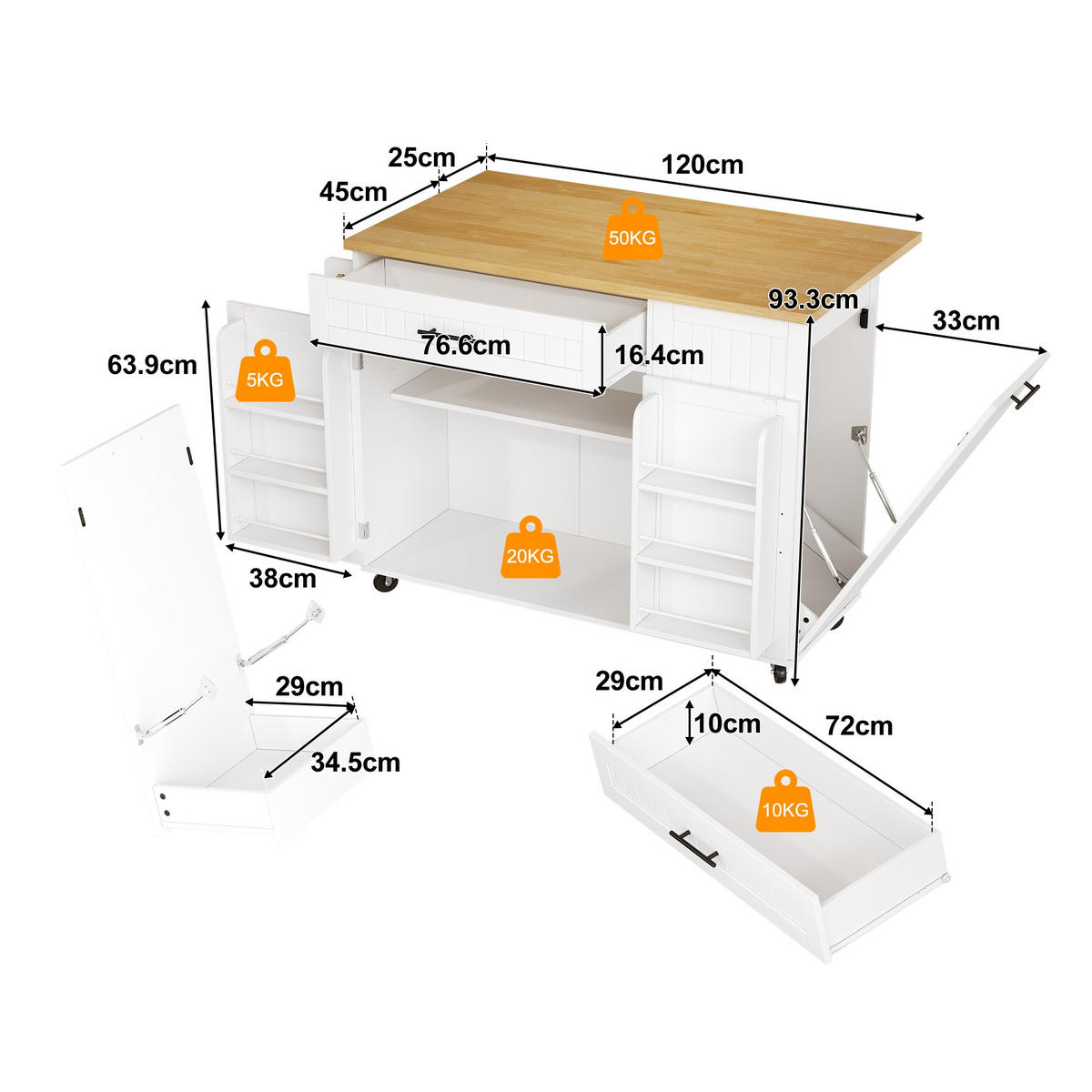 KÜCHENINSEL auf Rollen 130/45/93.3 cm Weiß mit klappbarer Arbeitsplatte, 1 Schublade und Mülleimerschrank - Weiß, Holz/Holzwerkstoff (70/93/130cm) - Oxeza