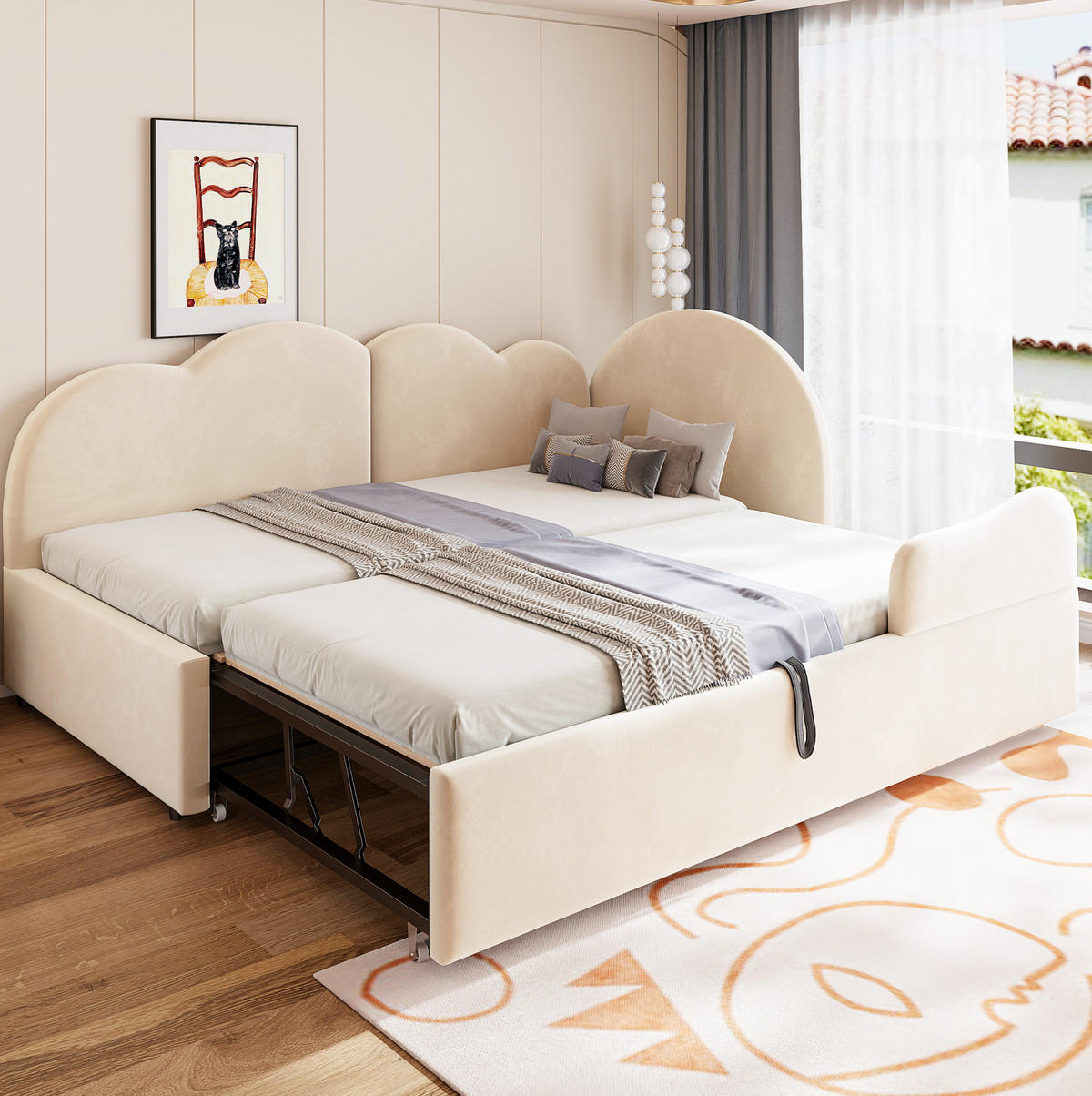 POLSTERBETT Ausziehbares Schlafsofa Samt 90x200 cm Beige ausziehbar, L-Form mit Wolkenkopfteil - Beige, Textil (90/200cm) - Modfu