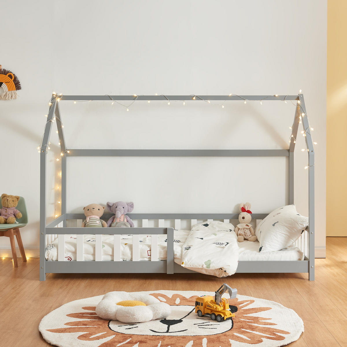 HAUSBETT Hesel mit Matratze - Grau, Holz/Textil (90/200cm) - [en.casa]