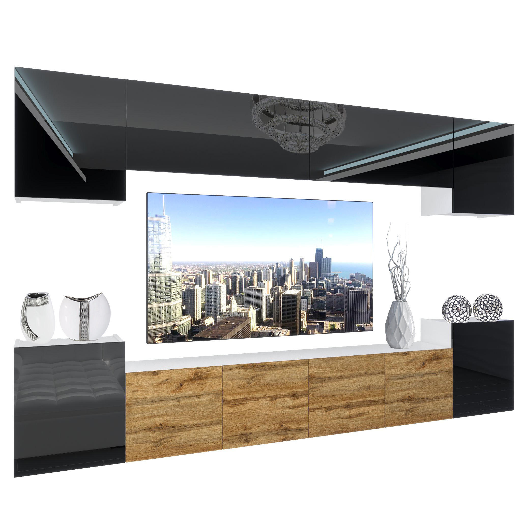 WOHNZIMMERWAND Schrankwand mit LED Schwarz Top / Wotan Eiche seiten Schwarz - Eiche Wotan/Schwarz, Holz (300/180/36cm) - B BELINI GROUP