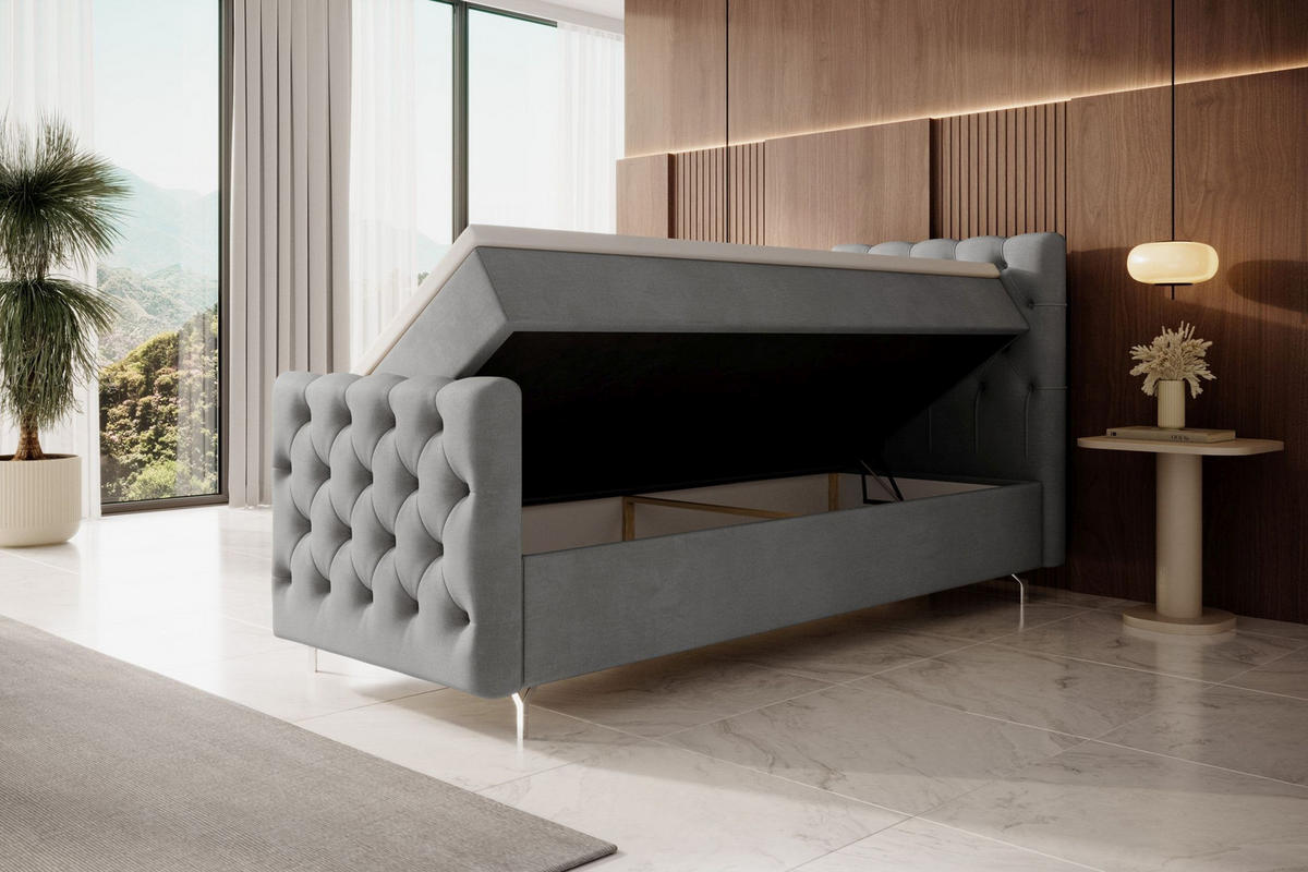 BOXBETT CHESTER PLUS mit Matratze H3, Bonell und Topper 80x200 Monolith 84 Rechts - Hellgrau, Textil (80/200cm) - Bedante