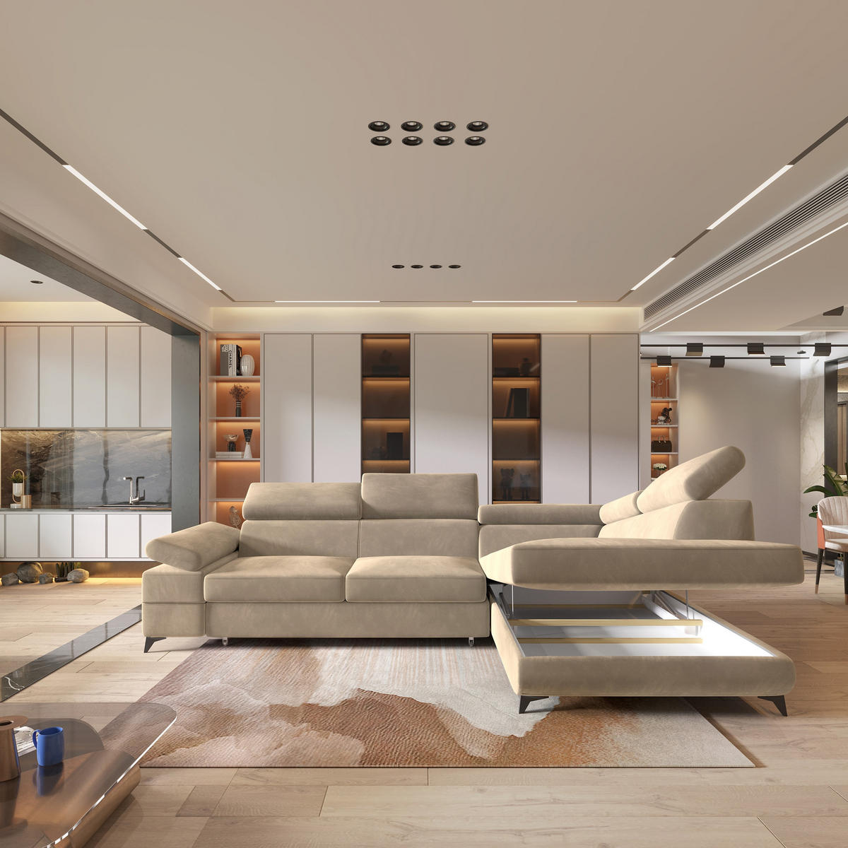 ECKSOFA FAVIEN R-S Creme Velours-Stoff mit Schlaffunktion - Creme, Holz (257/190cm) - MASSENO