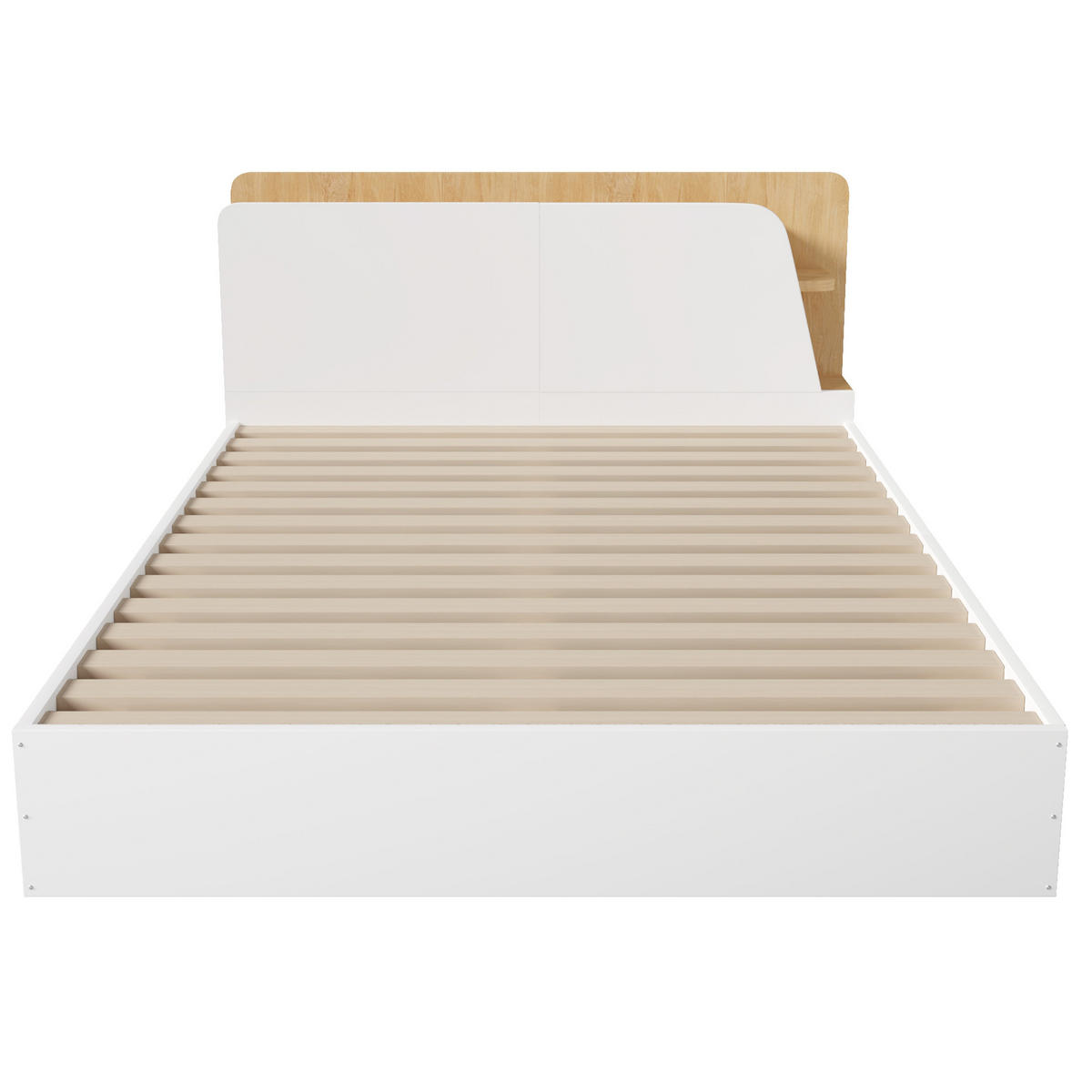 BETT mit Bettkasten 140/200 cm in Weiß/Natur – mit USB-C, LED und Kopfteil - Weiß, Holz (140/200cm) - BEAOK