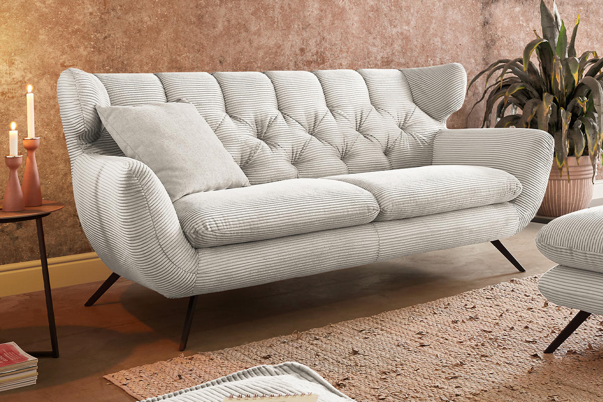 SOFA CHARME Cremeweiß Cord - Creme/Schwarz, Textil/Metall (175/94/95cm) - KAWOLA