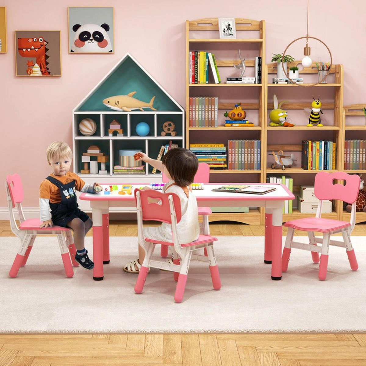 KINDERTISCH mit 4 Stühlen rosa(5-tlg) - Pink, Kunststoff (120/60/60cm) - COSTWAY