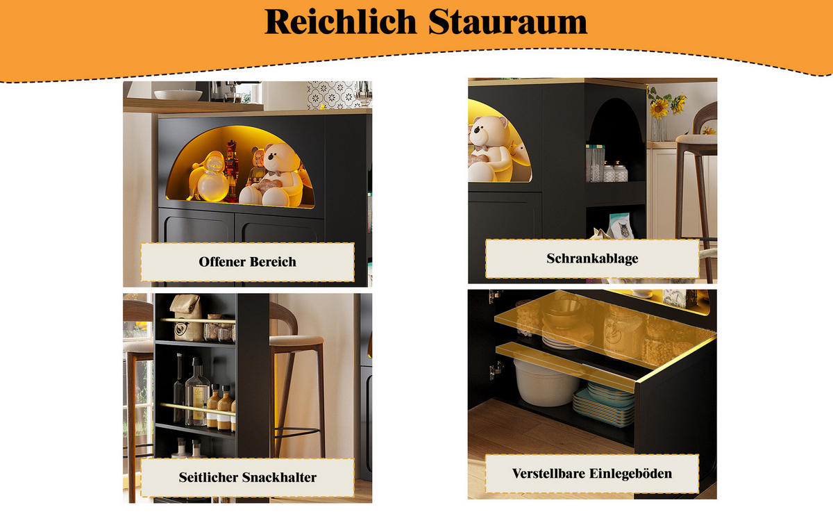 AUSZIEHBARER Bartisch MDF mit Stauraum & LED, 135-205/39/100 cm, Schwarz - Schwarz, Holzwerkstoff (39/100/135cm) - Redom