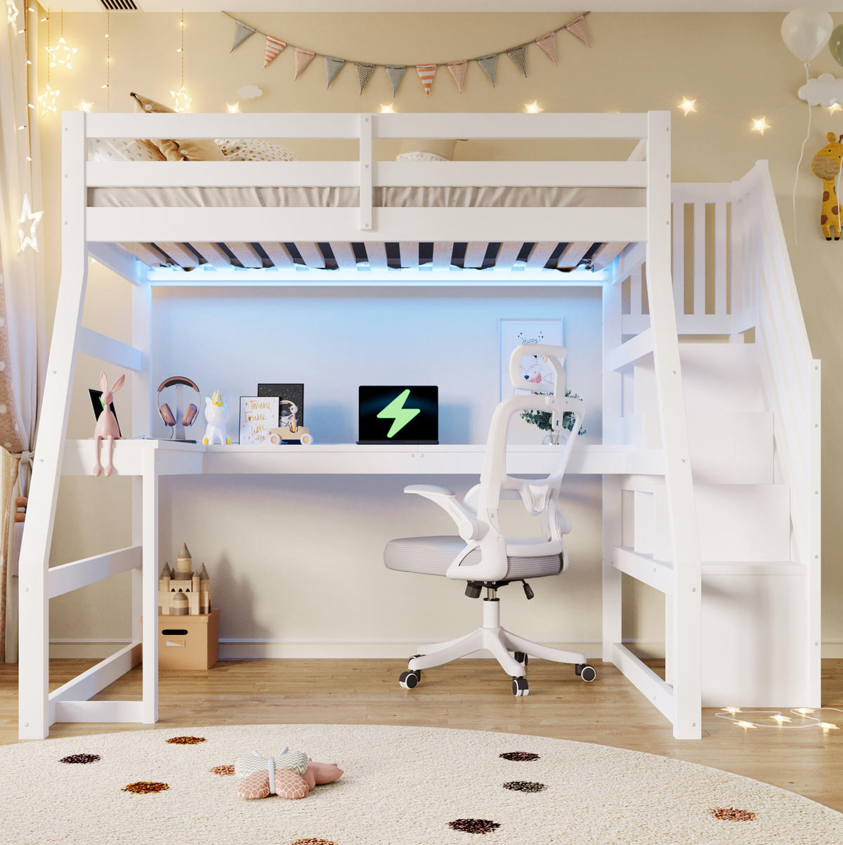 HOCHBETT 90/200 cm, Weiß mit L-förmigem Schreibtisch, LED und Stauraumtreppe - Weiß, Holz (90/200cm) - MIVRAY