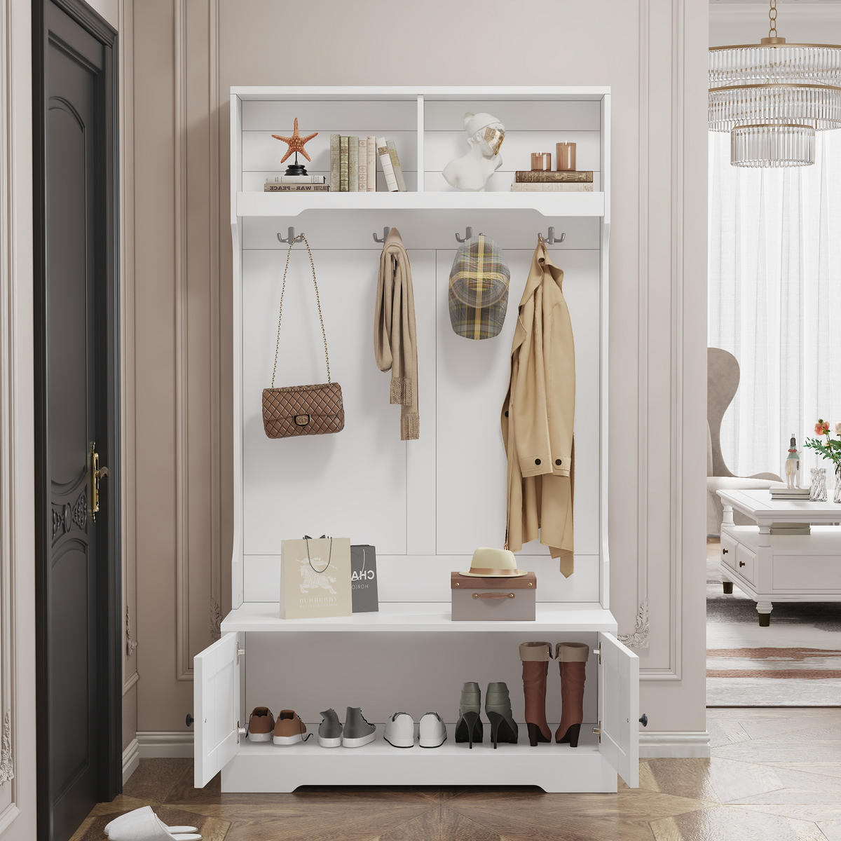 GARDEROBE, 4 Haken, Stauraum, 2 Fächer, Weiß - Weiß, Holzwerkstoff (47/183/101.5cm) - FLIEKS