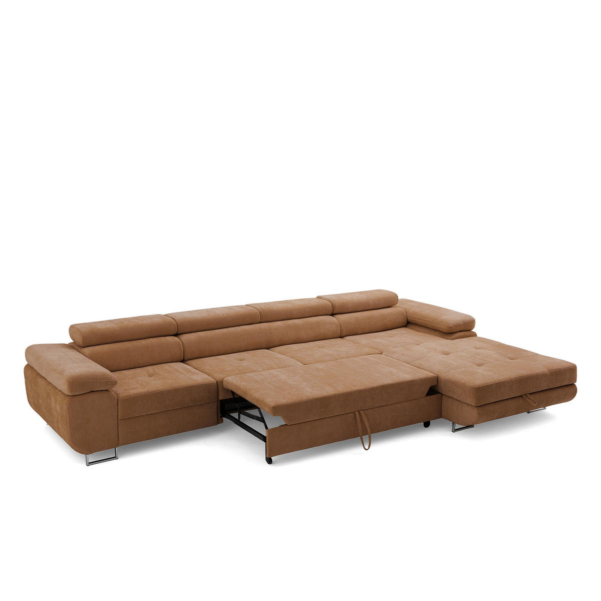 ECKSOFA ALONZO MAXI Rechts mit Schlaffunktion 125x195 Chenille Braun - Chromfarben/Braun, Holz/Textil (350/203cm) - Muffo