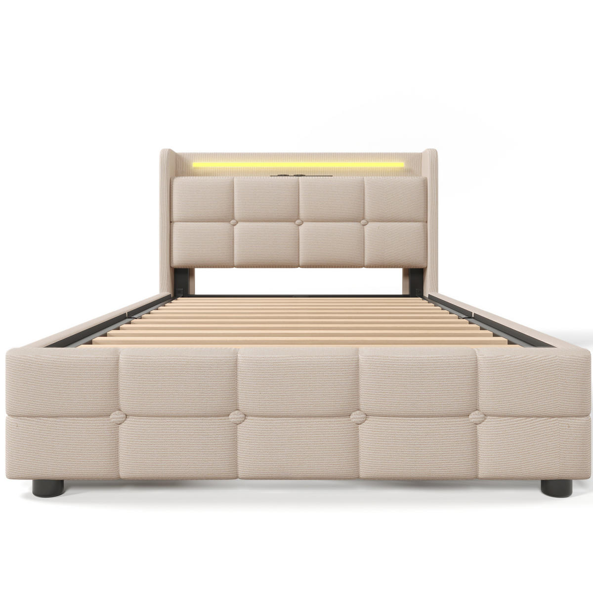 POLSTERBETT mit LED-Beleuchtung 90/200 cm mit USB, Schubladen & Kopfteil - Beige, Holz (90/200cm) - BEAOK