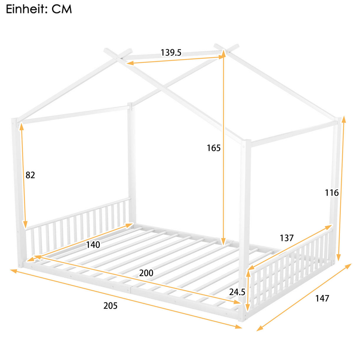 HAUSBETT 140/200 cm aus Metall in Weiß, Hausform, ohne Matratze - Weiß, Metall (140/200cm) - OKMYHOME