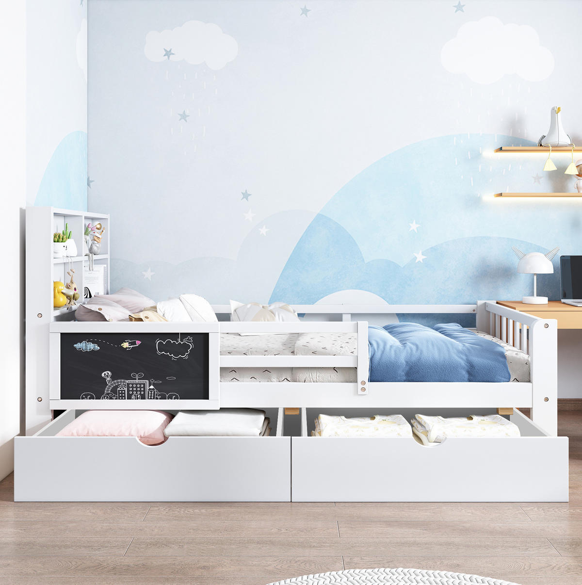 KINDERBETT 90/200 cm aus Massivholz und MDF mit Schubladen, Tafel und Sicherheitsleiste Weiß - Weiß, Holz (90/200cm) - Modenvie