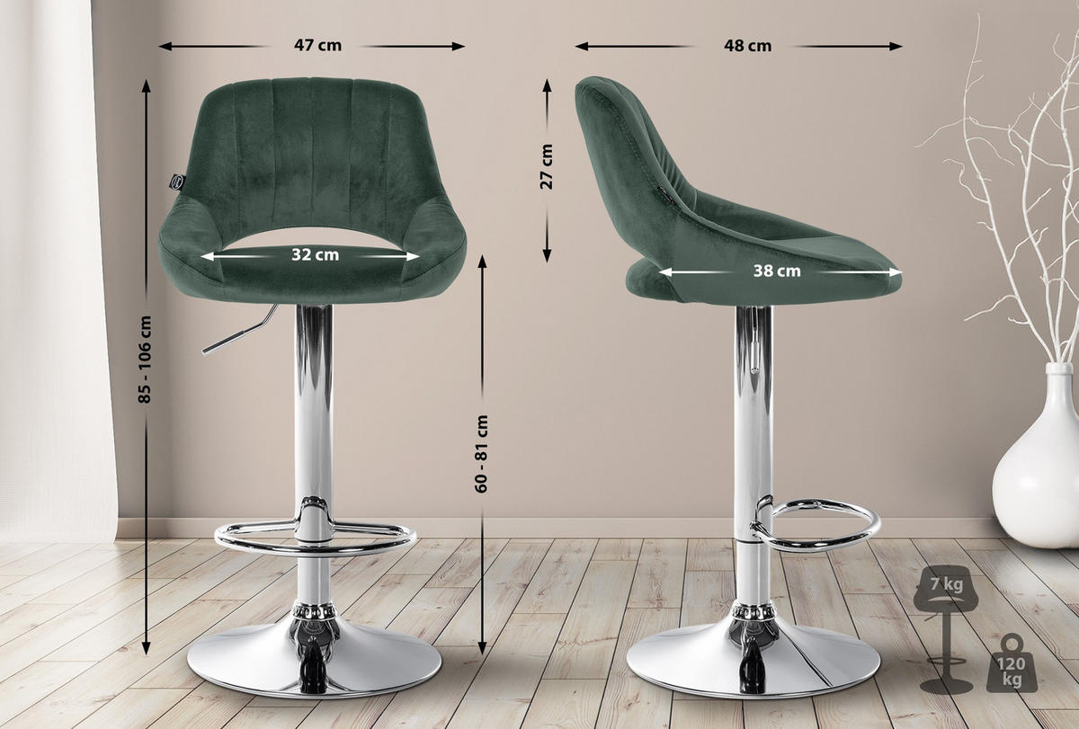 BARHOCKER 2er Set Milos Samt C grün - Chromfarben/Grün, Textil/Metall (47/106/48cm) - TPFLiving