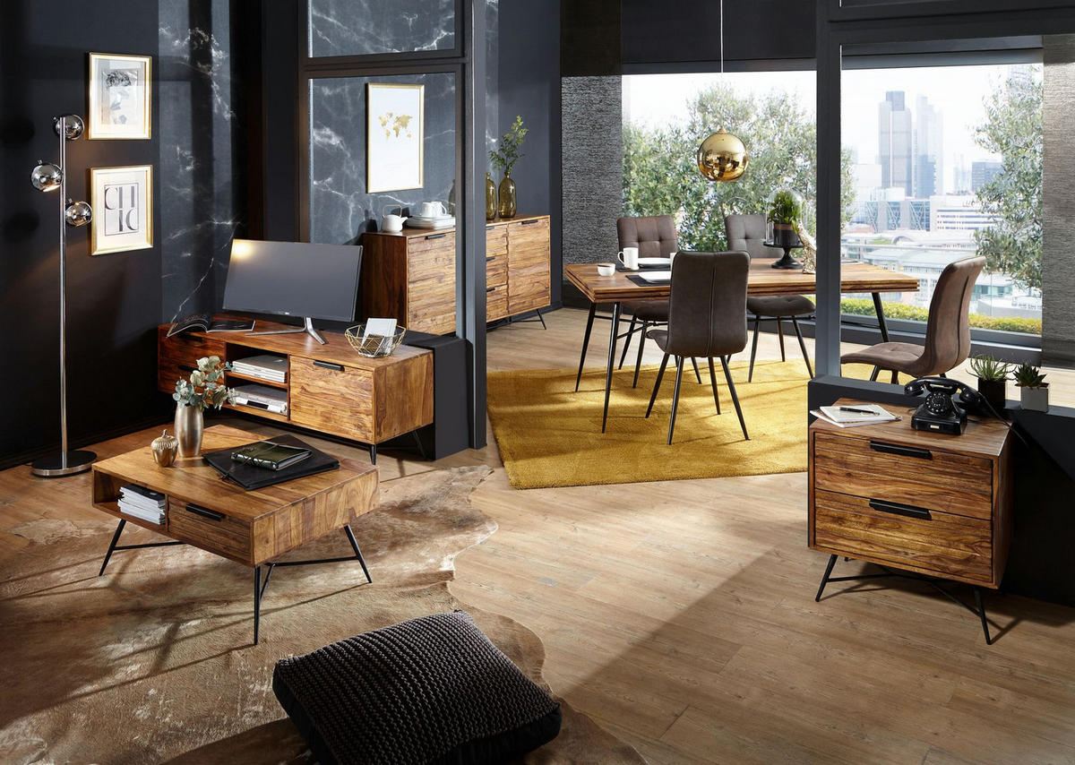 LOWBOARD Massivholz Industrial Stil 160x54x40 cm Modell NISHAN mit Stauraum und Schubladen - Schwarz/Braun, Holz/Metall (160/54/40cm) - KADIMA DESIGN