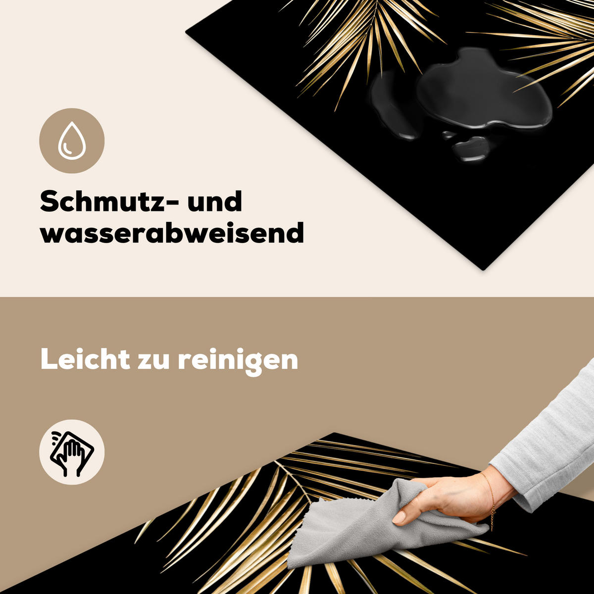 HERDABDECKPLATTE Blätter - Pflanzen - Gold - Schwarz - Luxus Induktionsmatte 77x59 cm - Goldfarben, Kunststoff (77/59/0.2cm) - MuchoWow