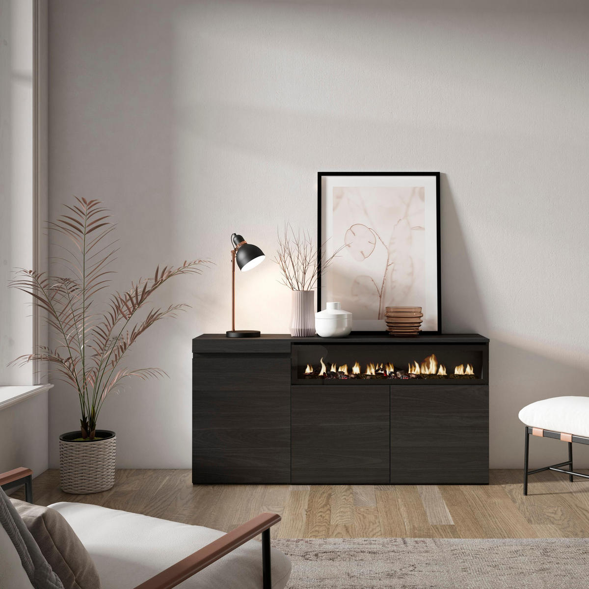 SIDEBOARD Elektrokamin, schwarz, 150/35/75cm - Schwarz, Holzwerkstoff (150/75/35cm) - Skraut Home