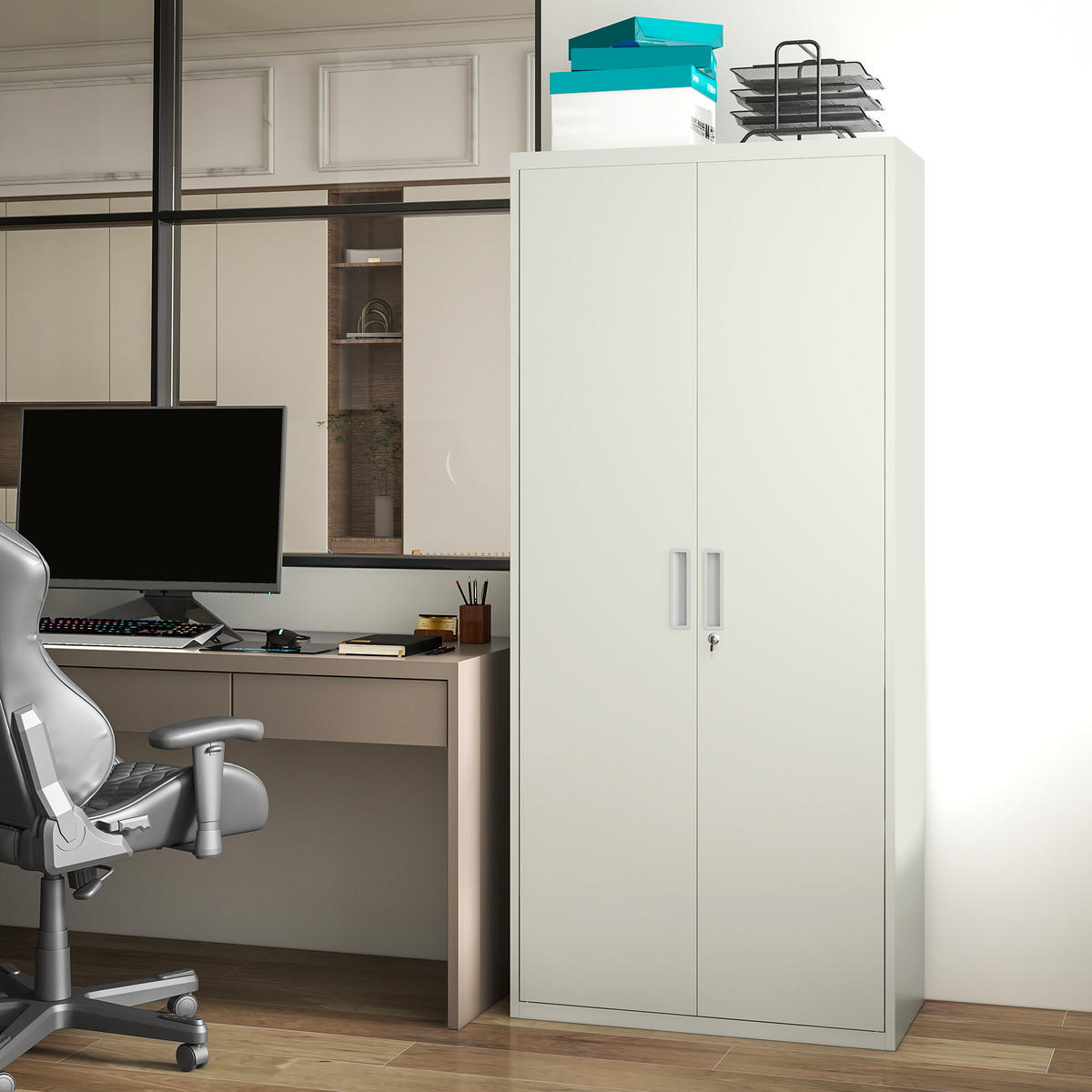 AKTENSCHRANK DE-09813 5 verstellbare Regale Weiß - Weiß, Metall (40/180/80cm) - ComfortXL