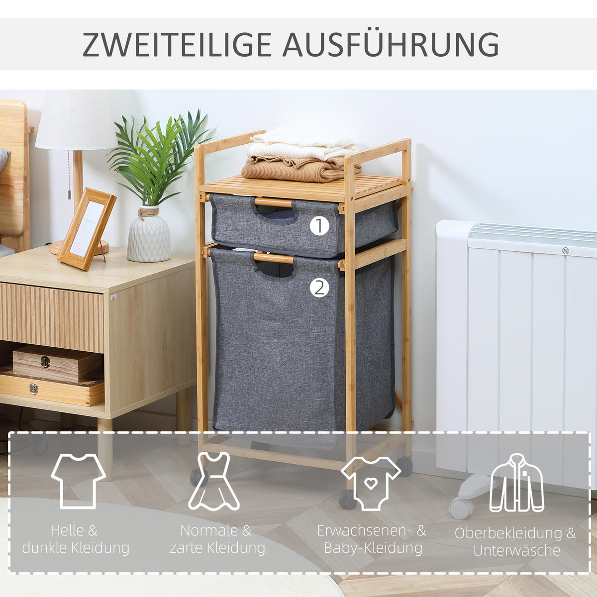 WÄSCHEKORB, Bambus, Polyester Natur+Grau - Naturfarben/Grau, Naturmaterialien (35/84.5/42cm) - HOMCOM