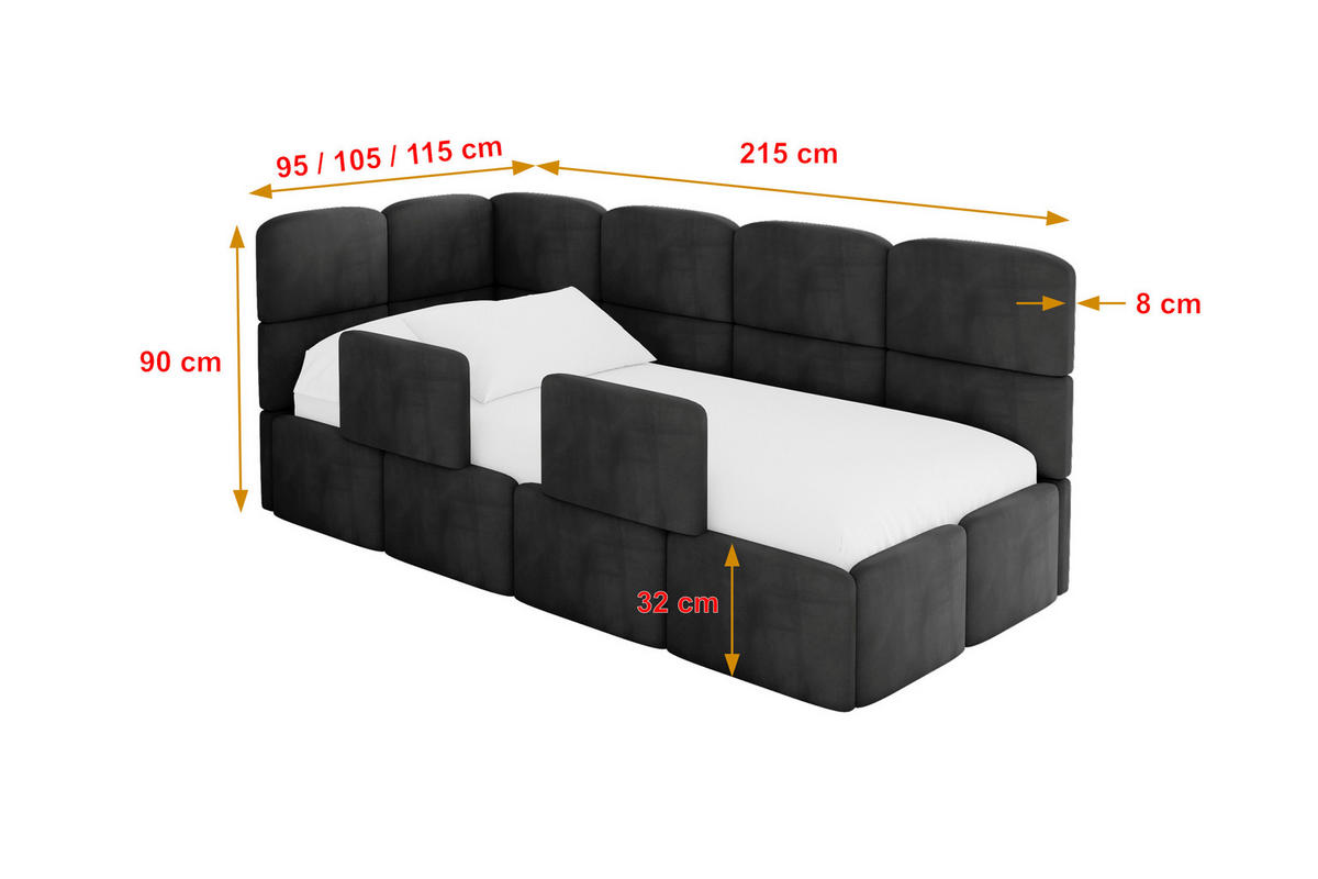EINZELLBETT Jugendbett mit Bettkasten, Rechts - KIVY 100x200 Schwarz - Schwarz, Holzwerkstoff/Textil (100/200cm) - ALTDECOR