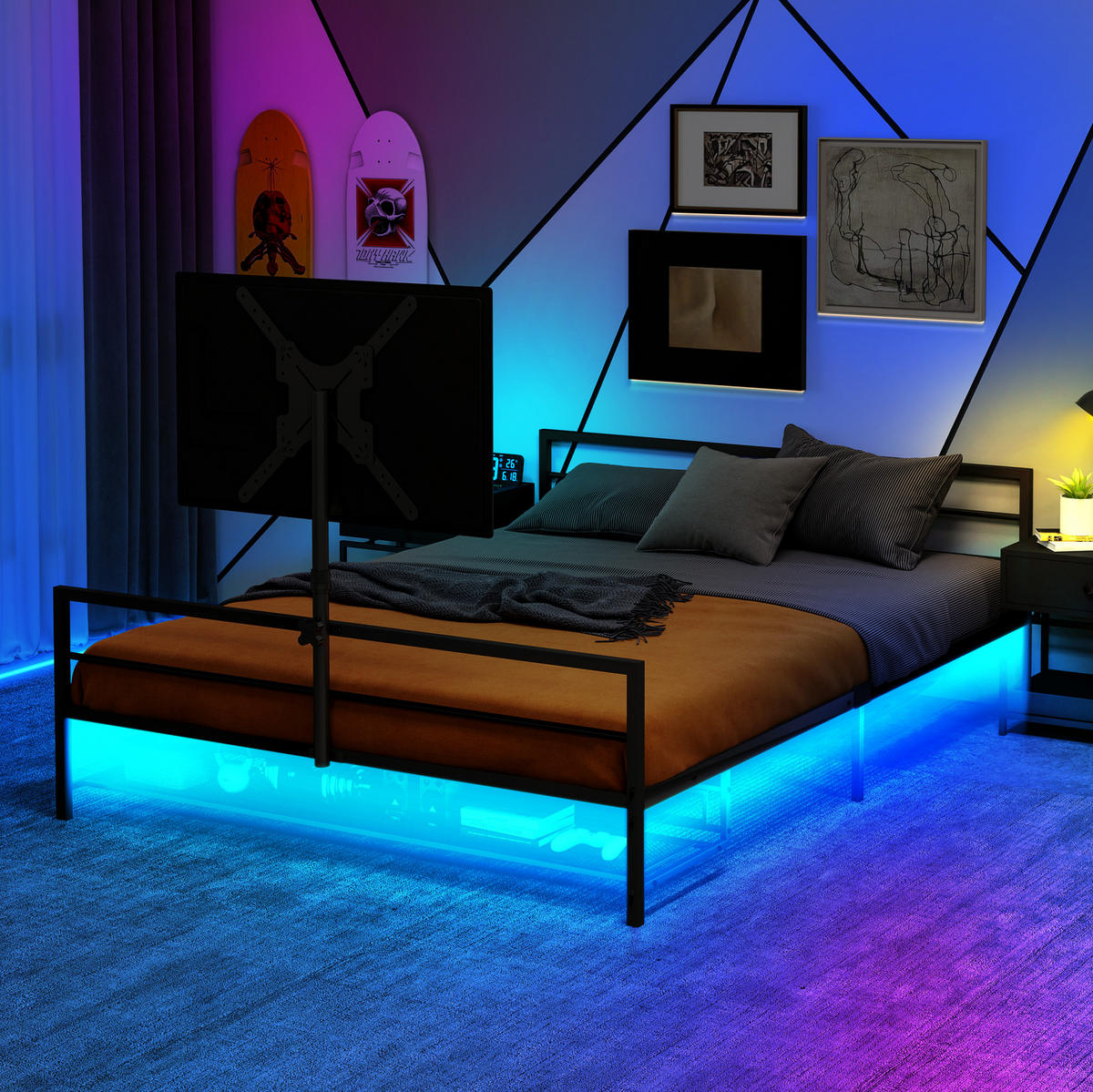 BETT Länge 206 cm aus Metall mit LED-Beleuchtung und Monitorhalterung - Schwarz, Metall (90/200cm) - Flora Grace