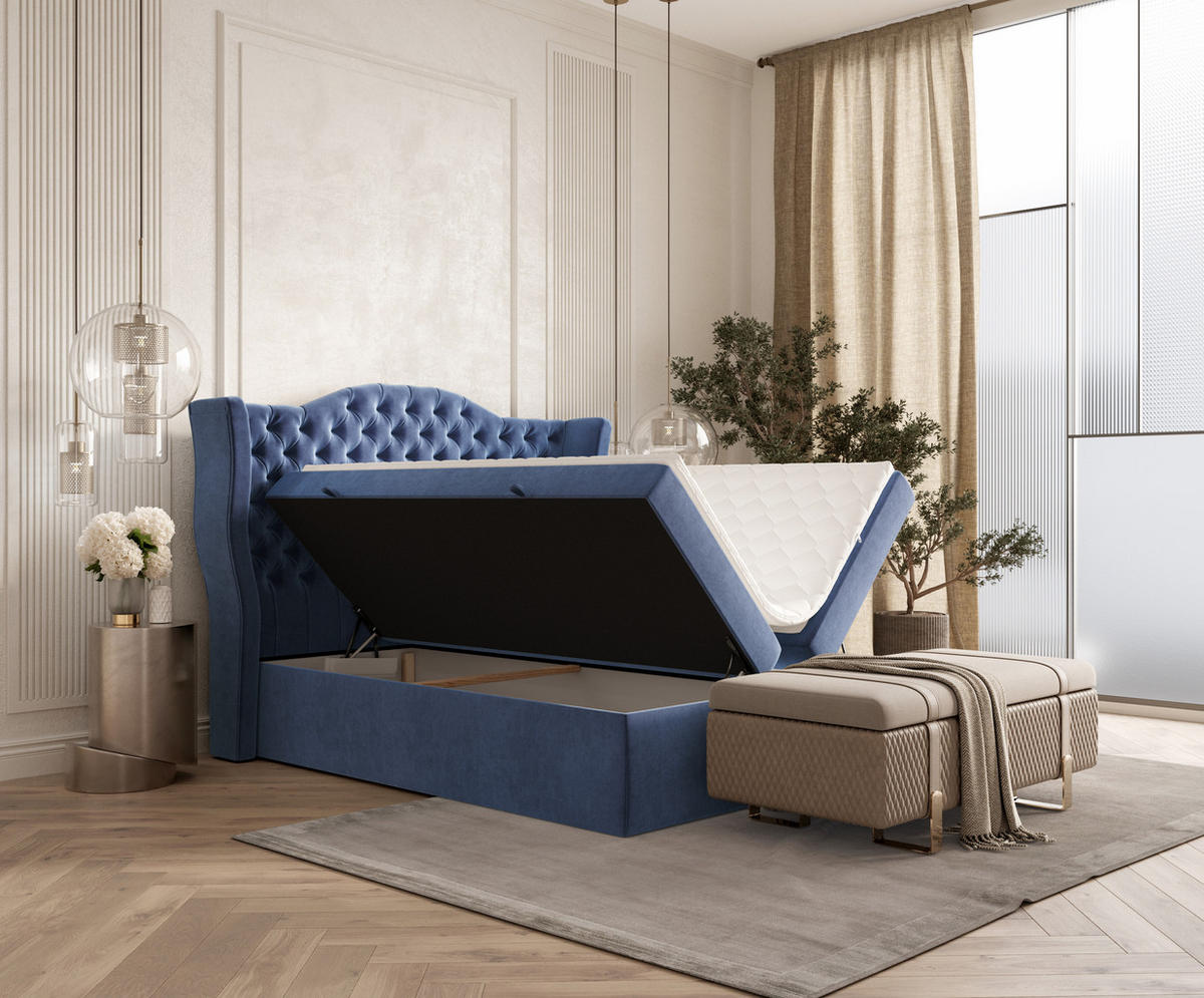 BOXBETT Royal Dunkelblau 200/200 cm im Samtstoff - Schwarz/Dunkelblau, Holz/Holzwerkstoff (200/200cm) - Maison de Reve