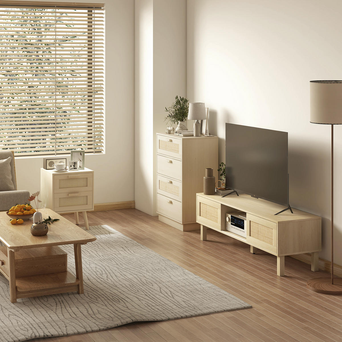 KOMMODE Naturfarben 4 Schubladen Rattan-Optik 60/38/88,5 cm - Naturfarben, Holzwerkstoff (60/88.5/38cm) - PANGIVO