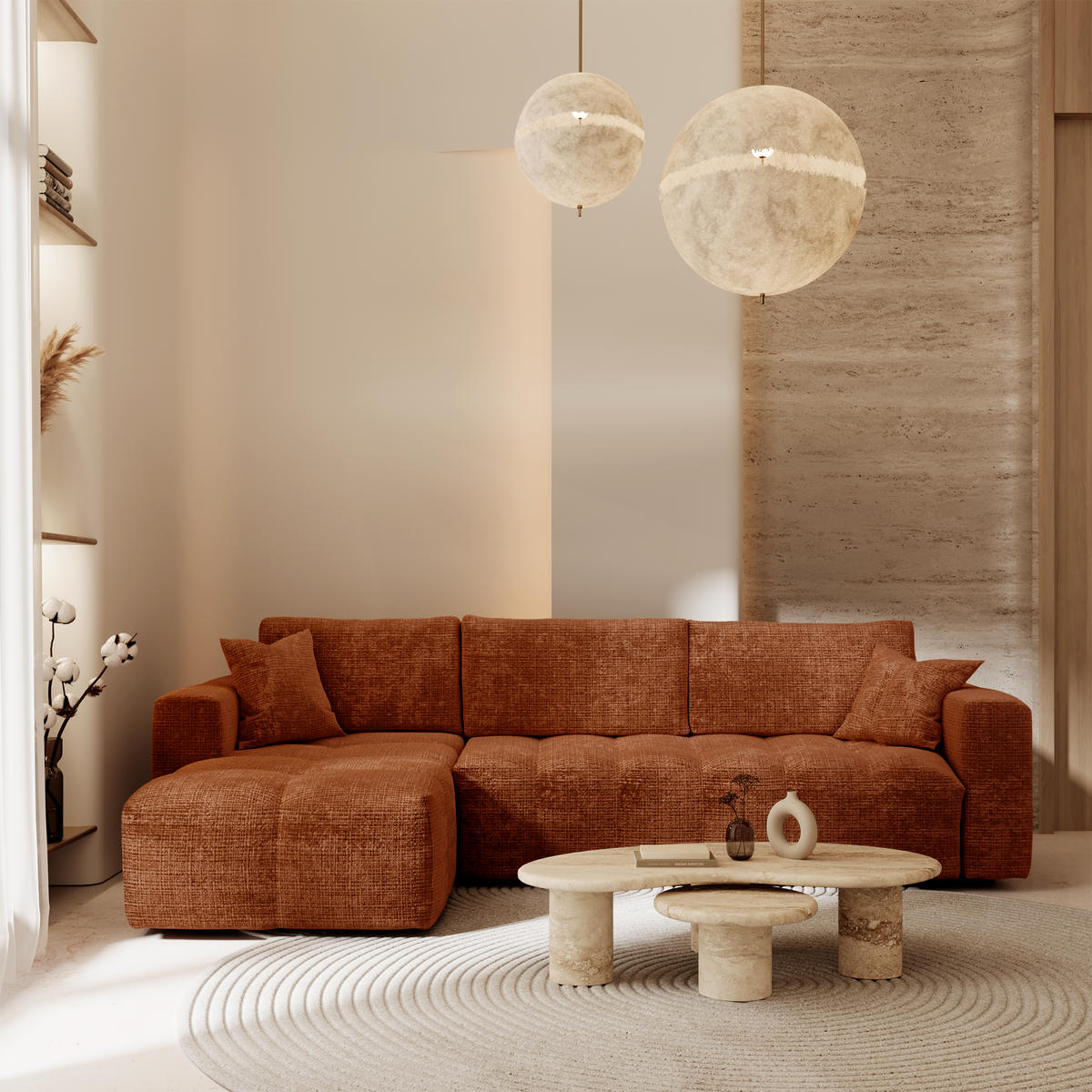 SCHLAFSOFA Express VIBE Geprägter Samt Terrakotta 286cm - Dunkelorange/Terracotta, Textil (286/165cm) - Premium Interiors