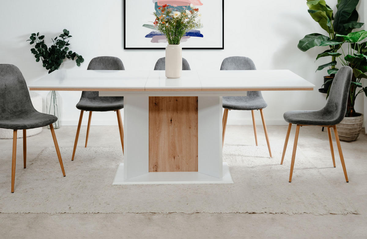 ESSTISCH weiß, Eiche Artisan, Säulentisch ausziehbar 160 - 200 x 90 cm - Weiß/Eiche Artisan, Holzwerkstoff (160/90/76cm) - Furn.Design