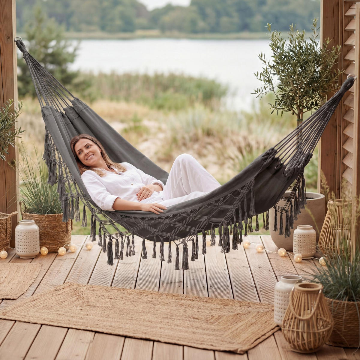 HÄNGEMATTE 200/150 cm, bis 200 kg - Dunkelgrau, Textil (150/1/200cm) - Outtec