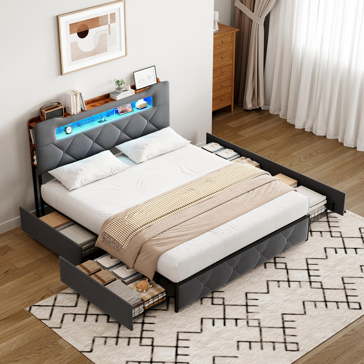 POLSTERBETT 140x200 cm mit LED-Beleuchtung und Ladefunktion, Bettgestell mit Lattenrost - Grau, Holz/Metall (140/200cm) - PARAFTA HOME