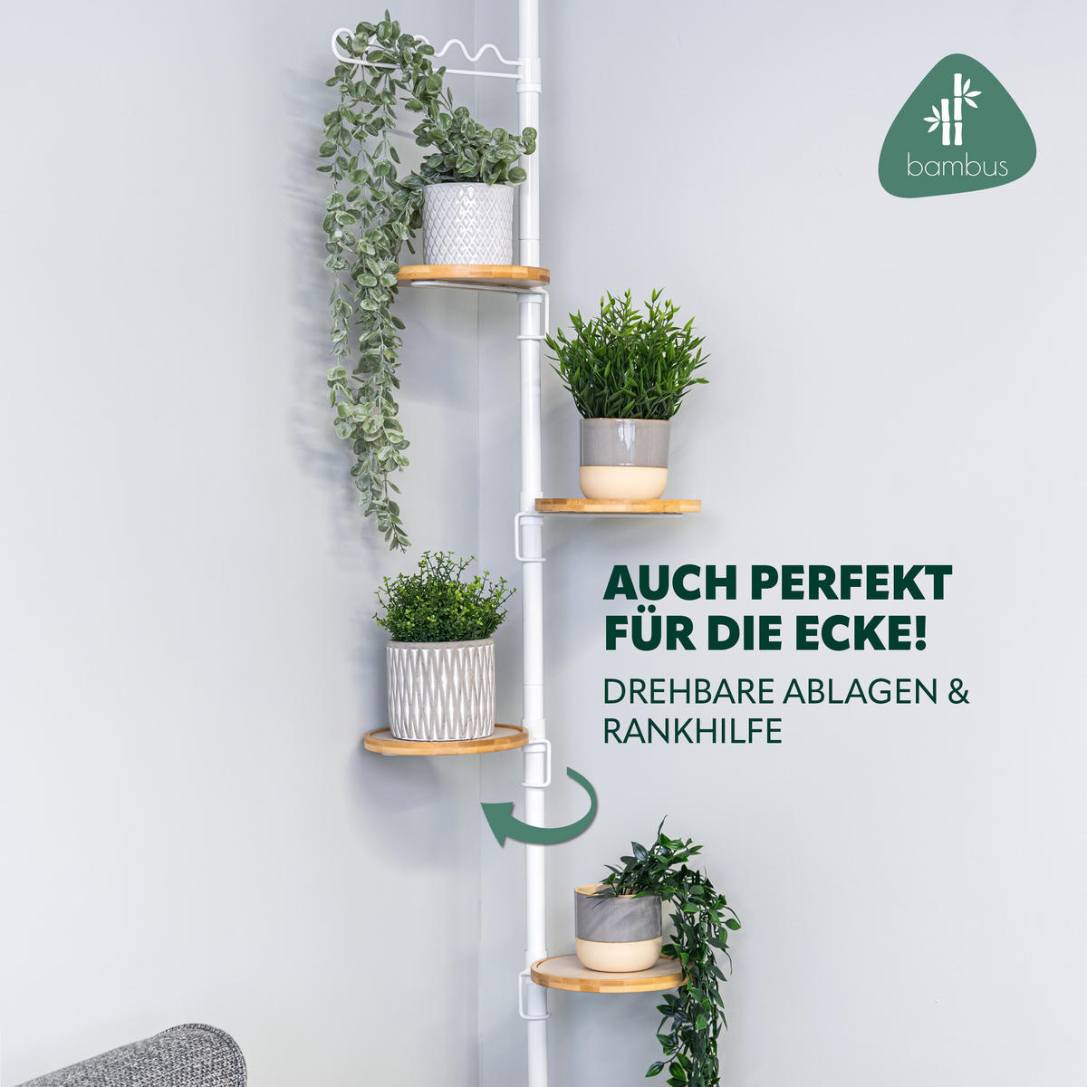 TELESKOP-BLUMENSÄULE mit 4 Bambusablagen, weiß - Weiß, Metall (53/290/20cm) - bremermann