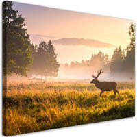 LEINWANDBILD Landschaft Hirsch im Brunftgebiet im Nebel 120x80cm - Beige, Textil (120/80cm) - Feeby