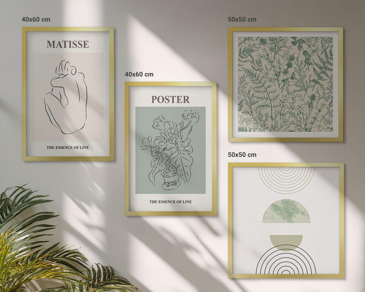 BILDER SET 4er Set - 50x50 cm & 40x60 cm Goldrahmen - Linien, Pflanzenmuster, Minimalismus - Goldfarben, Kunststoff (50/50cm) - TULUP