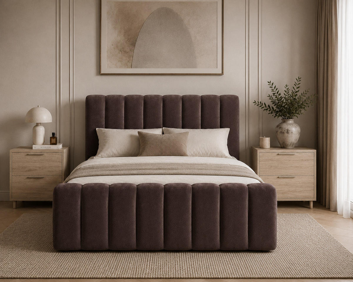 BOXBETT 01 BIS 160 x 200 cm - Vibe - Modernes Polsterbett mit Bettkasten inkl. PU-Schaum-Topper und Federmechanismus - Braun, Holz (160/200cm) - ROYAL24_MARKT