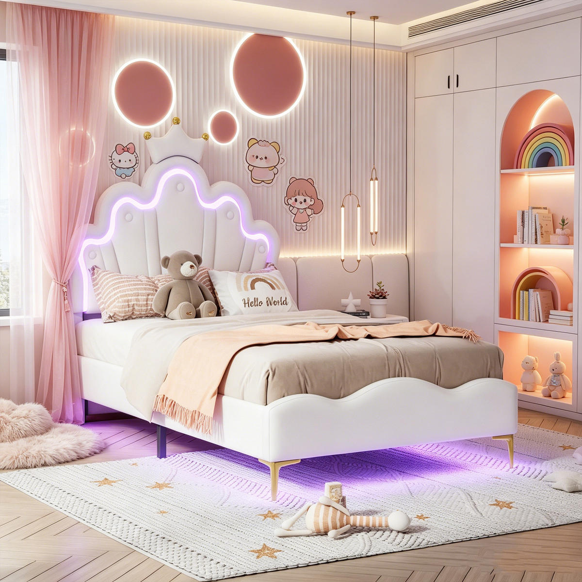 KINDERBETT 90x200 mit LED, Blütenblatt Kopfteil mit Krone, weißes PU, höhenverstellbar - Weiß, Leder/Holz (90/200cm) - GENKI LIVING