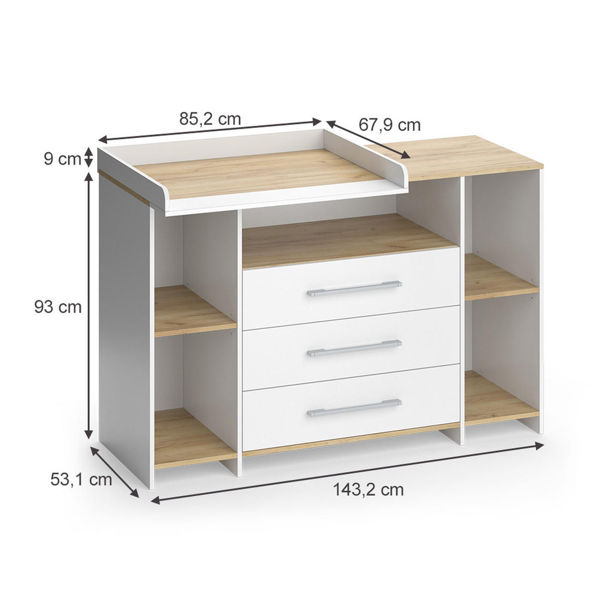 WICKELKOMMODE Oskar Weiß/Goldkraft Eiche 143.2 x 93 cm mit 3 Schubladen - Eiche Wotan/Weiß, Holzwerkstoff (143.2/93/53.1cm) - Vicco