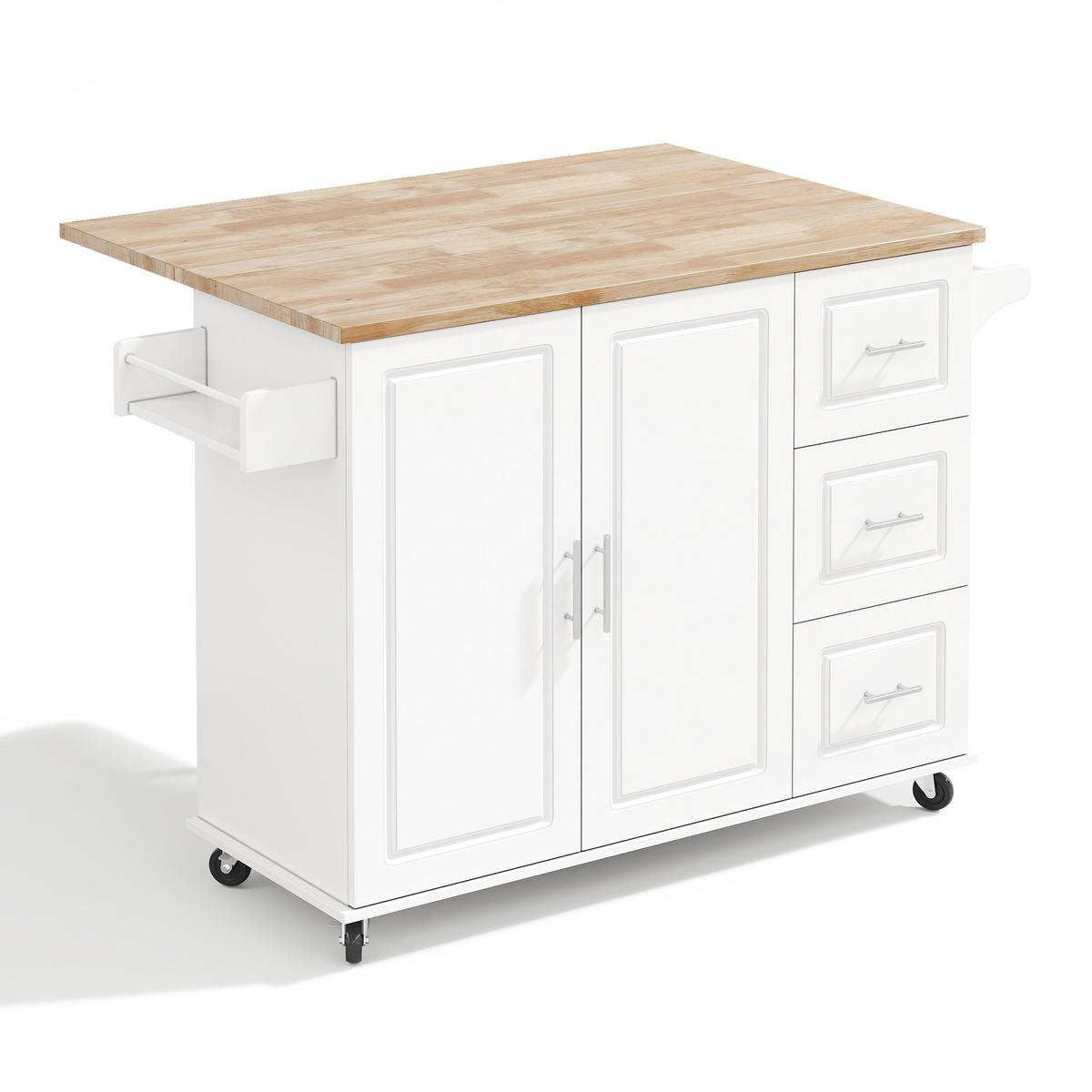 KÜCHENINSEL 137x76x92cm Weiß mit Klappplatte, Schrank, 3 Schubladen & Rollen - Weiß, Holzwerkstoff (137/92/76cm) - Modfu